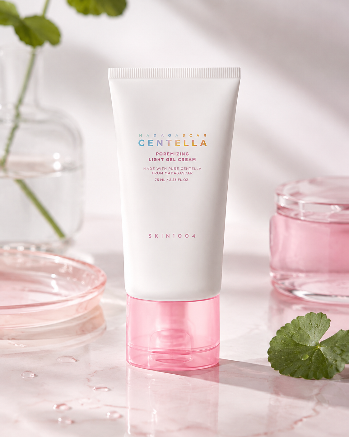 SKIN1004 Madagascar Centella Poremizing Light Gel Cream 75ml on a light background with decorative elements.