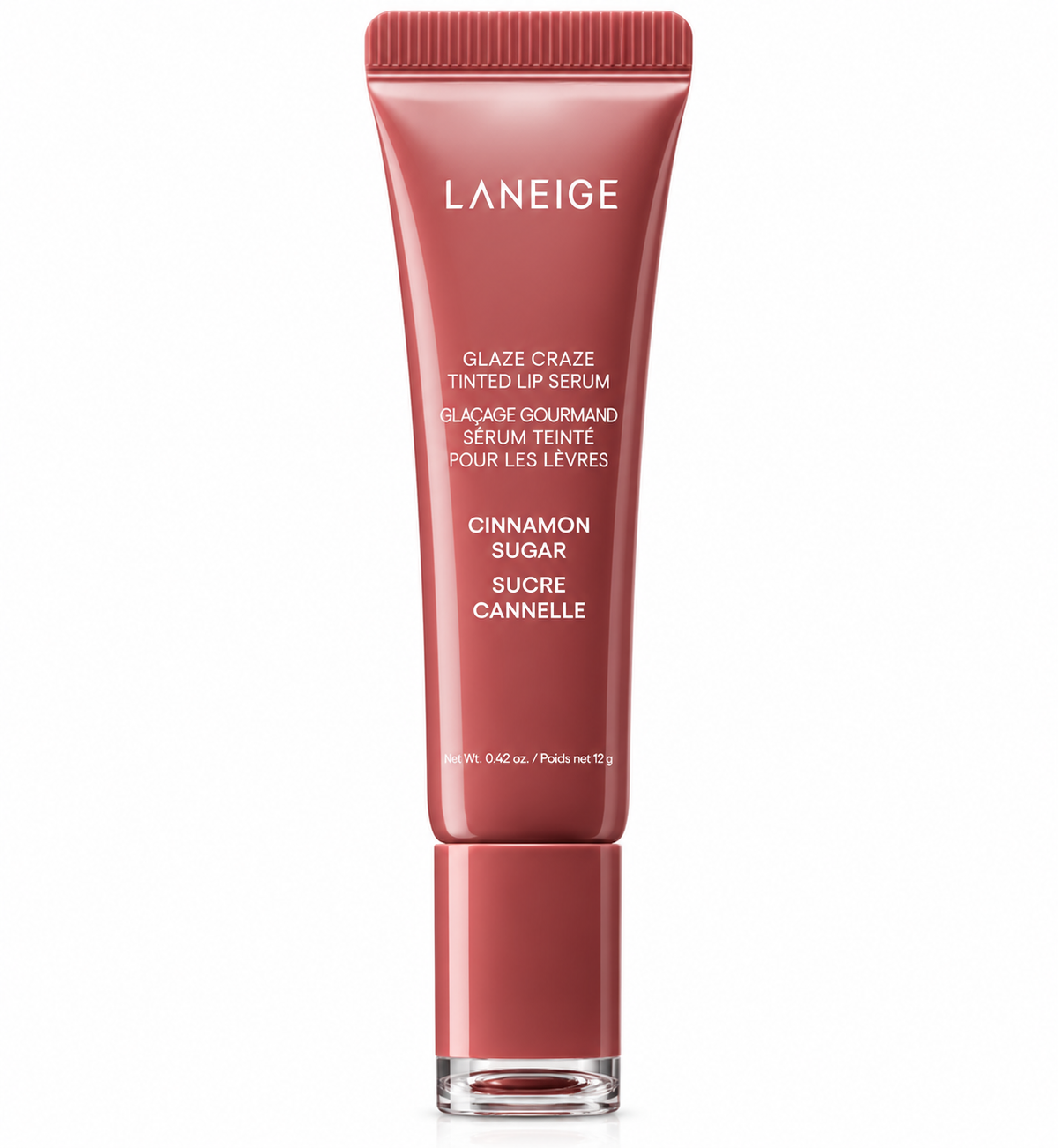 LANEIGE Glaze Craze Tinted Lip Serum in Cinnamon Sugar 12g, presented in a glossy warm cinnamon-red tube on a clean white background.