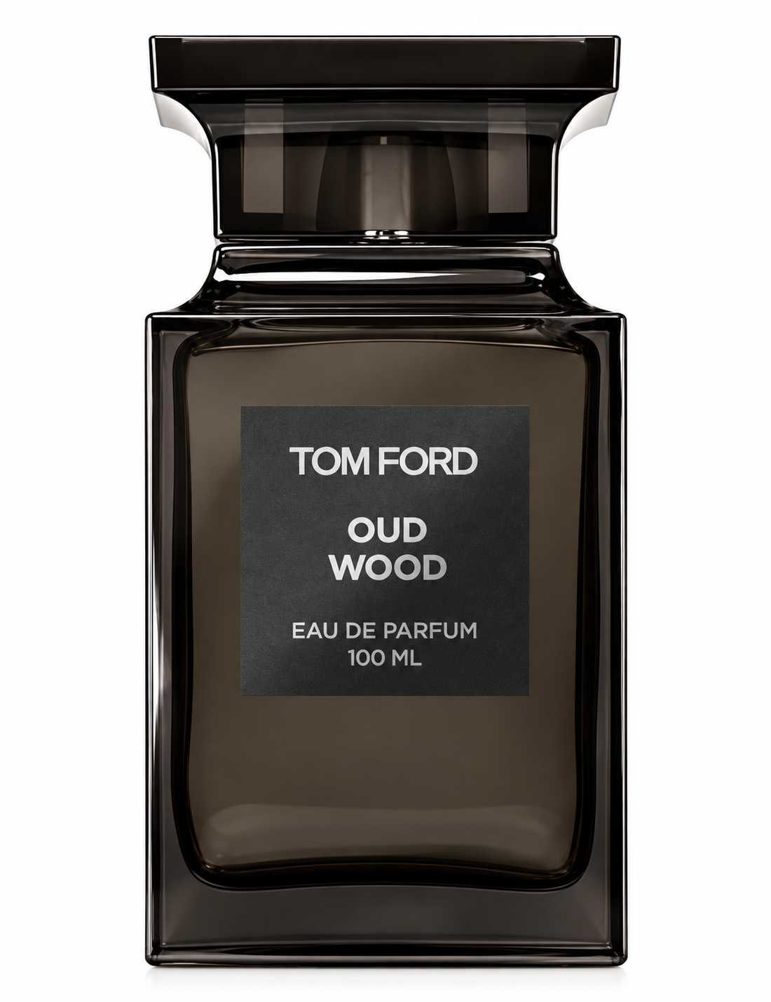 Tom Ford Oud Wood 100ml Eau de Parfum presented in its sophisticated dark smoked-glass bottle with a glossy black architectural cap and minimalist charcoal Tom Ford label, photographed against a pure white background.