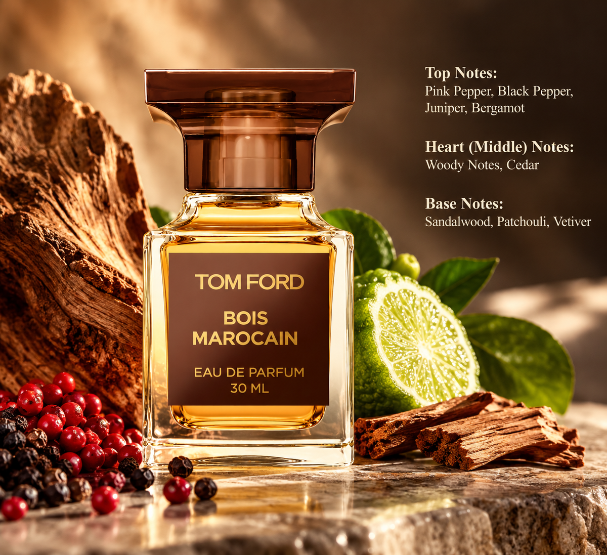 Tom Ford Bois Marocain Eau de Parfum 30ml displayed in a luxurious warm amber setting with cedarwood, sandalwood, fresh bergamot and peppercorns. An elegant unisex woody spicy fragrance featuring pink pepper, black pepper, juniper, patchouli and vetiver, presented on a natural stone surface.