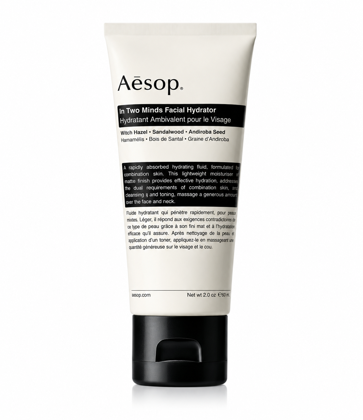 Aesop In Two Minds Facial Hydrator in a white squeeze tube with a black flip-top cap and Aesop's signature minimalist label, isolated on a white background. This lightweight facial moisturizer is formulated for combination skin with witch hazel, sandalwood, and andiroba seed to provide balanced hydration, absorb quickly, and leave a matte finish while showcasing Aesop's iconic apothecary-inspired packaging.