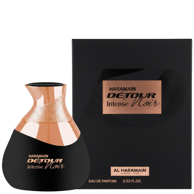 Al Haramain Détour Noir Intense 100ml Eau De Parfum in its sculptural matte black bottle with a tapered copper neck, displayed next to its large matte black box featuring a textured copper logo plate.
