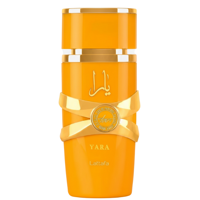 A bright mango-yellow cylindrical bottle of Lattafa Yara Tous Eau De Parfum featuring an interlocking gold metallic ribbon design around the center with a circular seal and a tiered gold cap.