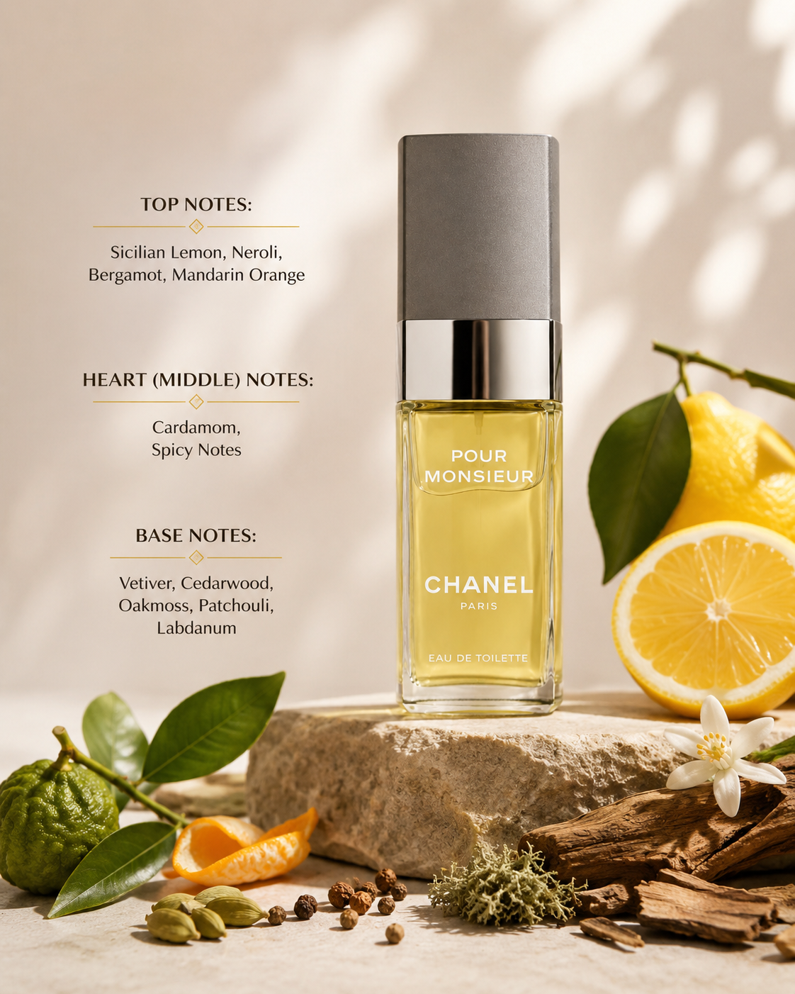 hanel Pour Monsieur Eau de Toilette as the hero of a refined Mediterranean citrus-and-woods fragrance composition. Preserve the exact tall clear-glass bottle, golden-yellow liquid, silver collar, textured grey cap, proportions and original white branding. Position the bottle upright on a warm natural limestone pedestal against a softly illuminated cream plaster background, with elegant afternoon sunlight and botanical shadows. Surround it naturally with Sicilian lemon, bergamot  and mandarin peel .