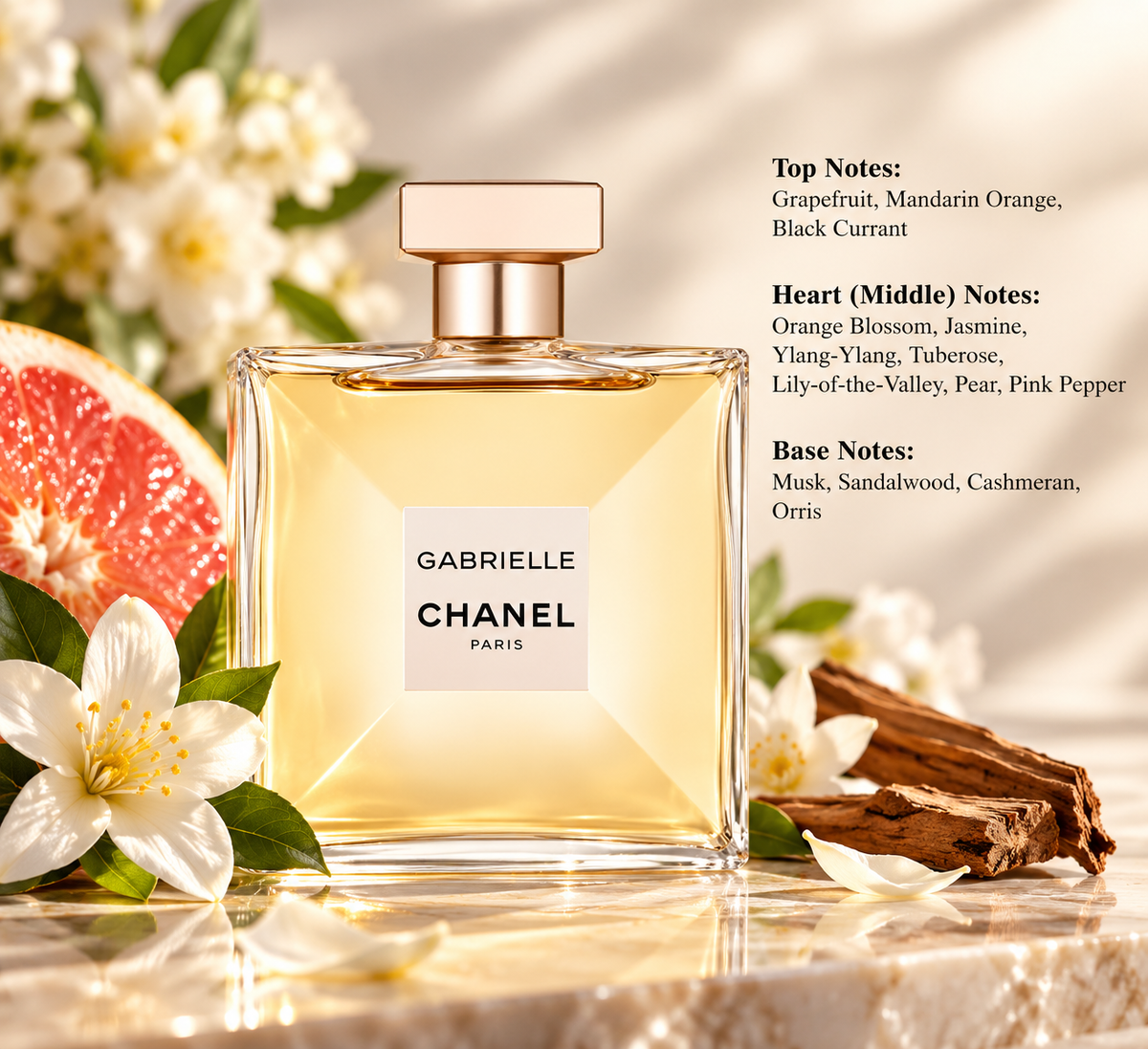 Chanel Gabrielle Eau de Parfum for women, elegantly displayed in a luxurious golden glass bottle surrounded by grapefruit, delicate white jasmine flowers and warm sandalwood. A sophisticated floral fragrance featuring orange blossom, tuberose, ylang-ylang and soft musk notes against a warm beige background.