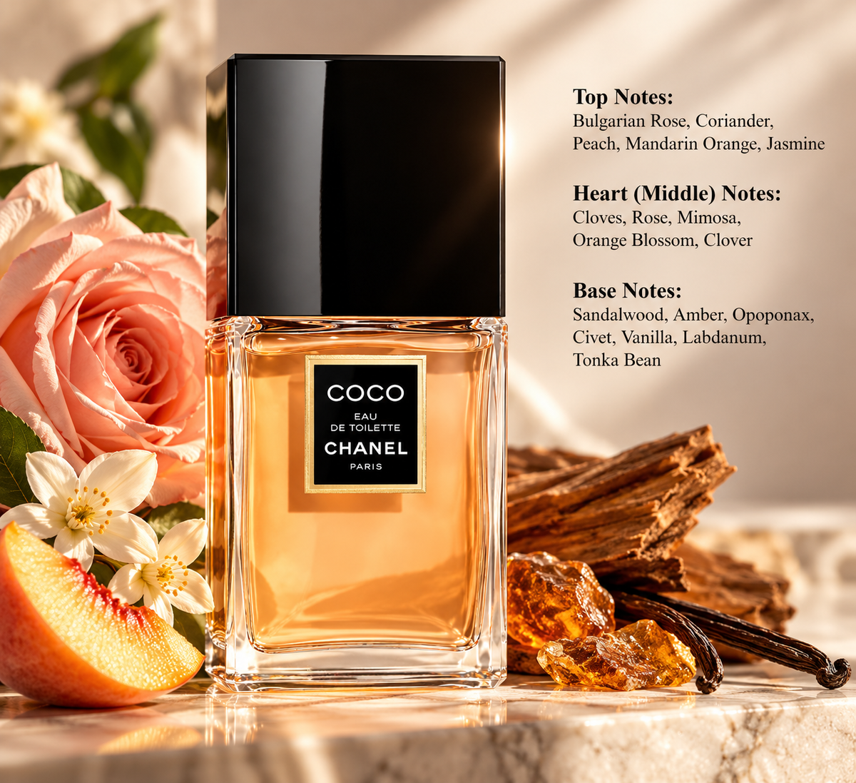 Chanel Coco Eau de Toilette for women, surrounded by pink roses, jasmine flowers, peach, sandalwood, amber and vanilla. A luxurious oriental spicy floral perfume with warm, sensual notes, beautifully presented against an elegant golden beige background.