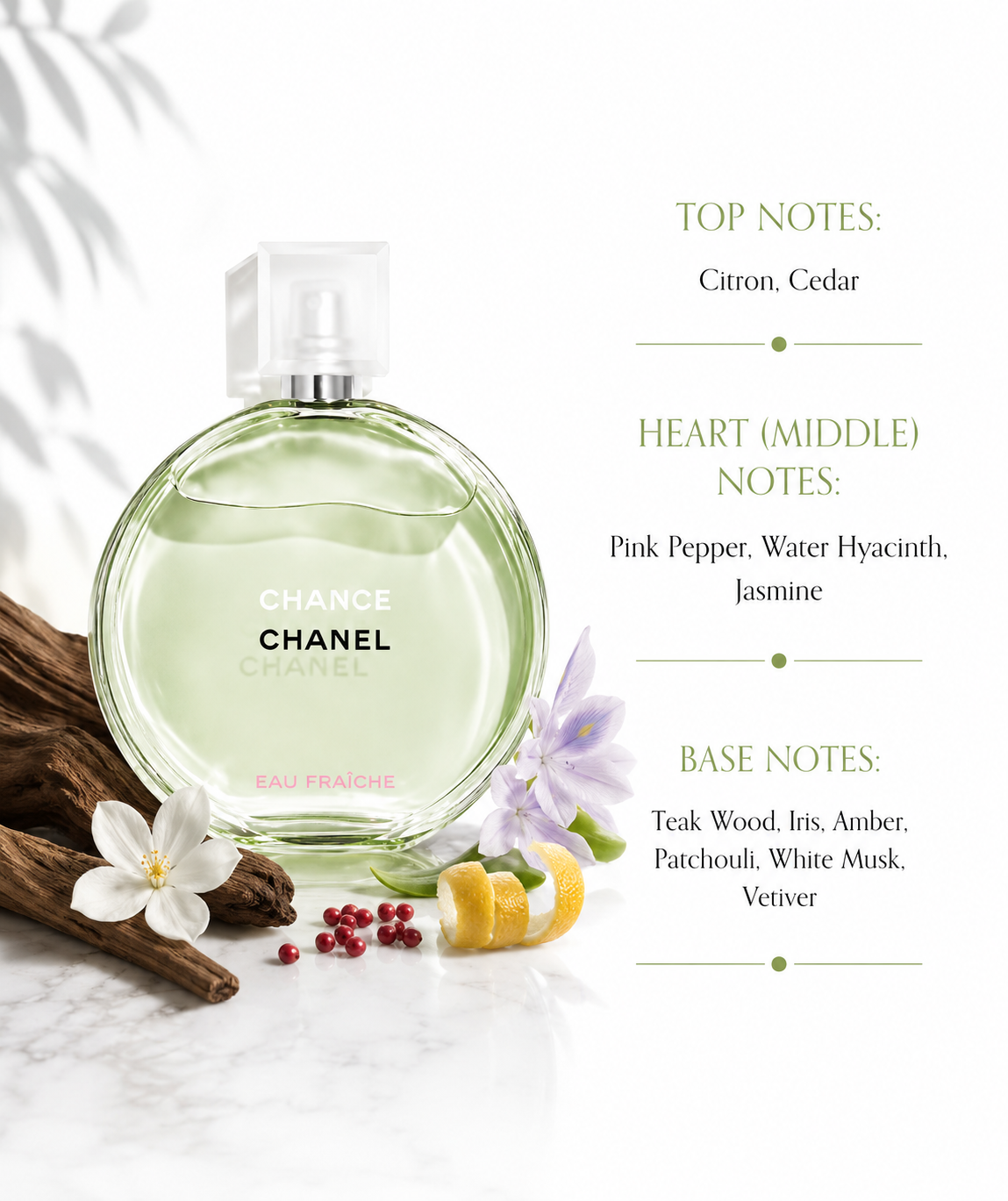 Chanel Chance Eau Fraîche round green perfume bottle presented with lemon peel, jasmine flowers, pink peppercorns, and soft floral accents, reflecting its fresh citrus-floral scent.