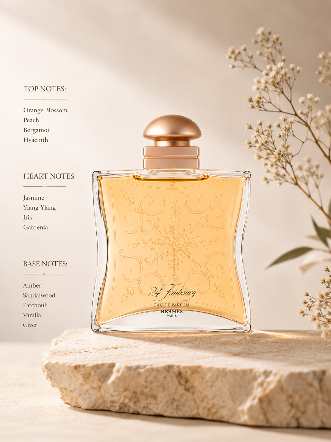 Hermès 24 Faubourg displayed with its elegant floral-oriental composition:
Top: Orange Blossom, Peach, Bergamot, Hyacinth
Heart: Jasmine, Ylang-Ylang, Iris, Gardenia
Base: Amber, Sandalwood, Patchouli, Vanilla, Civet
A radiant and sophisticated fragrance that opens with luminous citrus and floral notes, blossoms into a rich bouquet of white flowers, and settles into a warm, sensual base of amber, sandalwood, patchouli, and vanilla. 