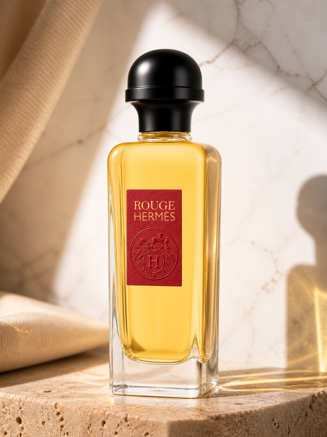 Hermes Rouge perfume bottle on a marble surface with soft lighting
