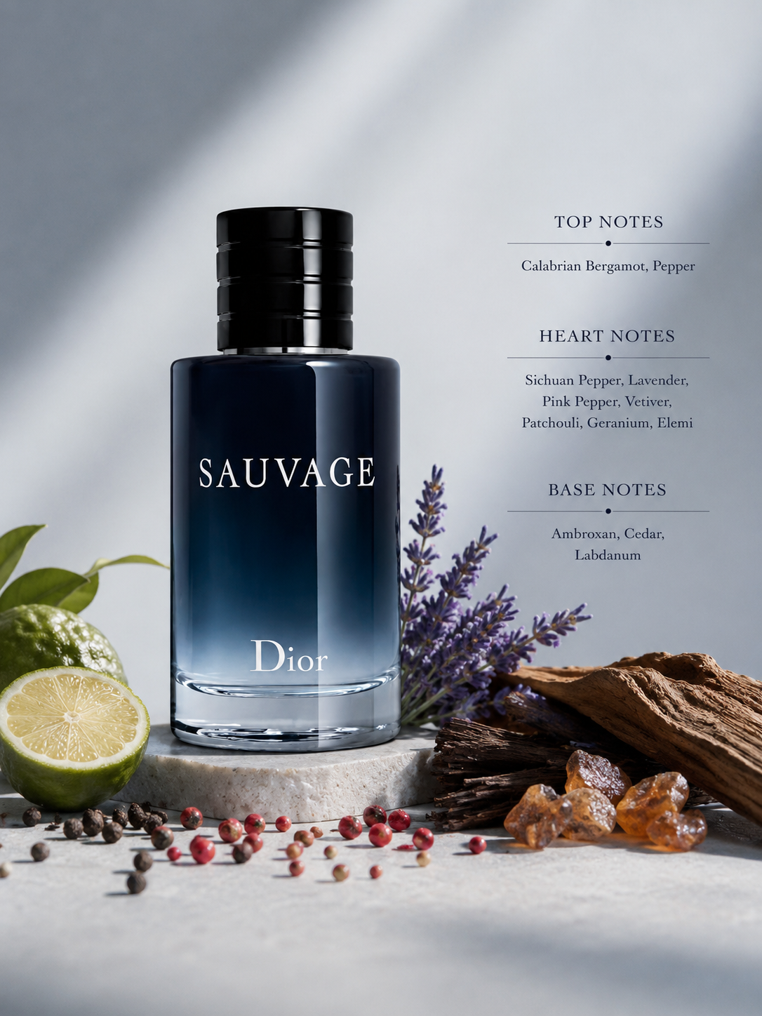 Dior Sauvage Eau de Toilette displayed with bergamot, peppercorns, lavender, cedarwood, amber resin and fragrance notes in an elegant natural setting.