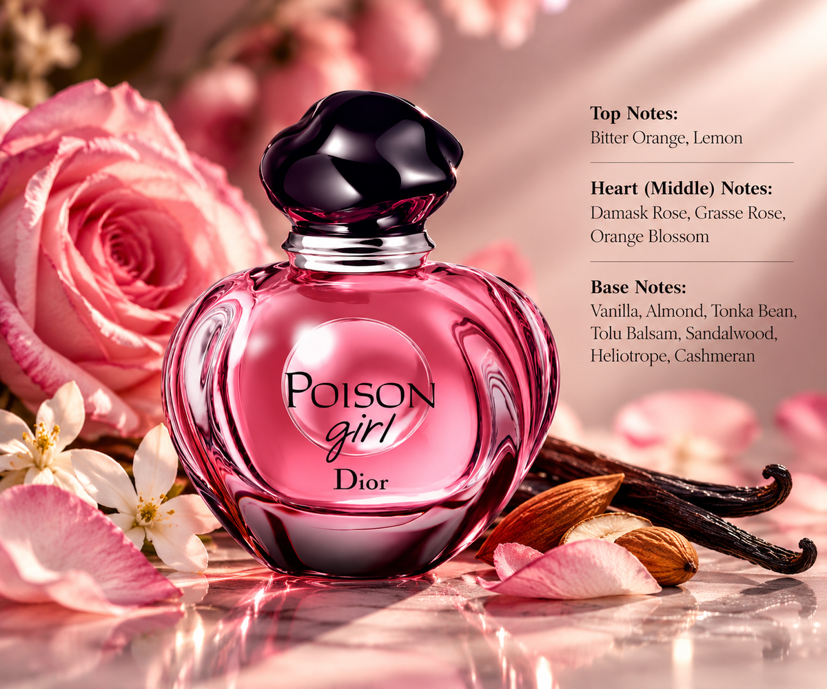 Dior Poison Girl perfume surrounded by pink roses, orange blossom, vanilla pods and almonds in an elegant warm setting, highlighting its floral, vanilla and gourmand fragrance character.