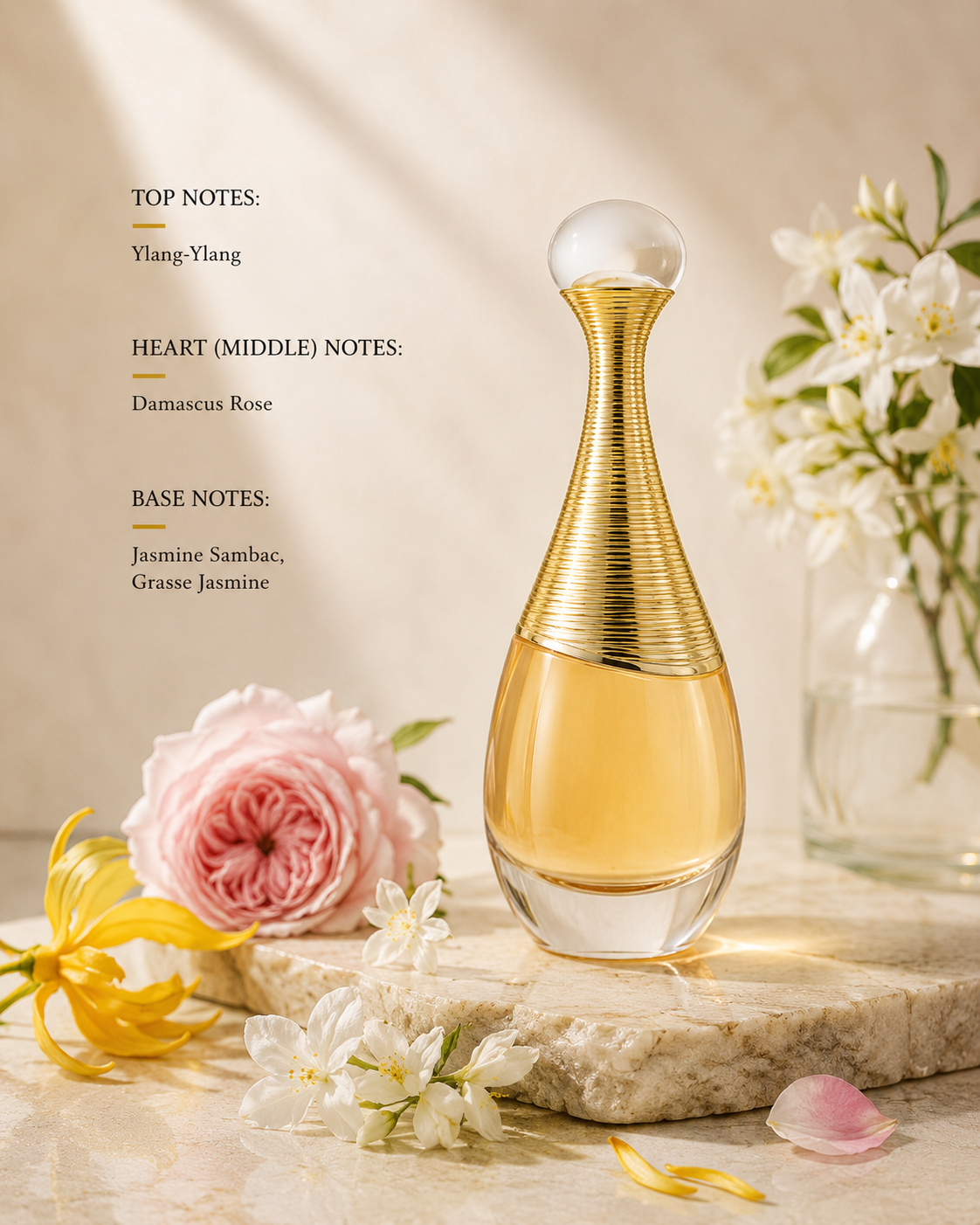 J’adore Eau de Parfum displayed with its elegant floral composition:
Top: Ylang-Ylang
Heart: Damask Rose
Base: Jasmine Sambac, Grasse Jasmine
A radiant and sophisticated floral fragrance that blends luminous ylang-ylang with velvety rose and rich jasmine accords. Feminine, timeless, and luxurious, it captures the essence of modern elegance in Dior’s iconic amphora-shaped bottle.