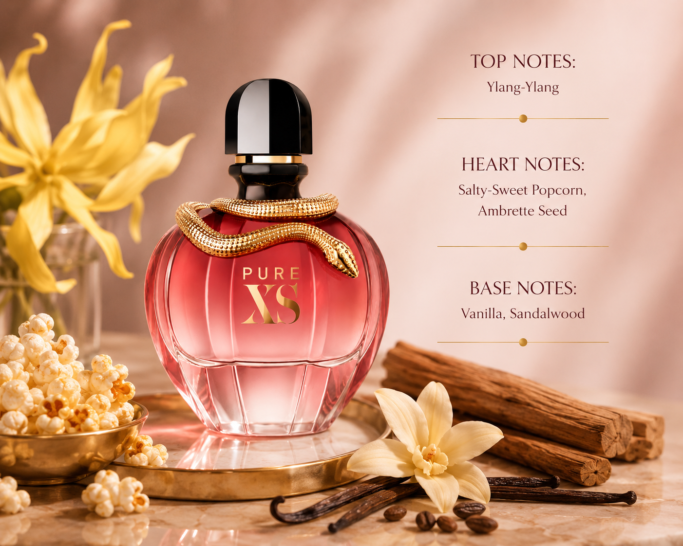 Paco Rabanne Pure XS For Her pink perfume bottle adorned with a golden snake, surrounded by popcorn, vanilla pods, coffee beans, and floral notes, highlighting its sweet oriental fragrance.