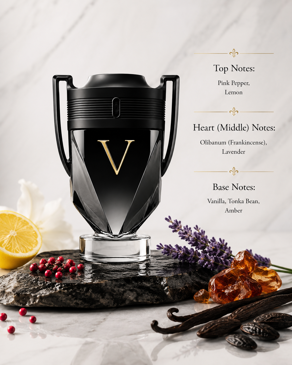 Paco Rabanne Invictus Victory Eau de Parfum 100ml elegantly displayed on a polished black stone surface surrounded by fresh lemon, pink peppercorns, lavender, frankincense resin, rich vanilla pods, tonka beans and golden amber crystals, creating a powerful and sophisticated atmosphere that perfectly reflects its fresh, aromatic, warm amber and vanilla fragrance profile.
