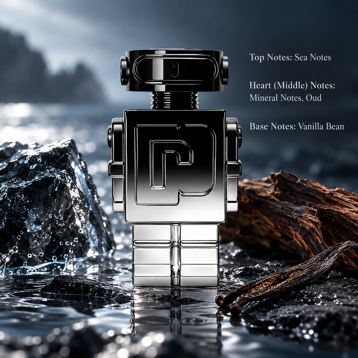 Rabanne Phantom perfume in a futuristic metallic silver robot-shaped bottle with black detailing, surrounded by wet ocean rocks, dark oud wood and vanilla pods. A luxurious marine woody fragrance with sea notes, mineral accords and warm vanilla, presented against a dramatic ocean-inspired background.