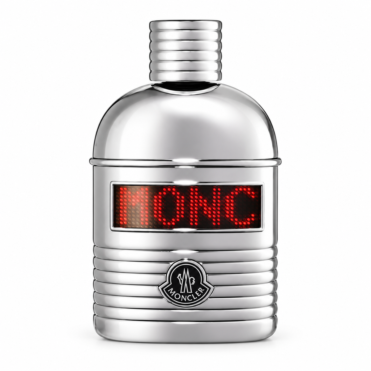 Moncler Pour Homme Eau de Parfum for men in a luxurious metallic silver ribbed bottle, featuring a distinctive red illuminated LED display and signature Moncler logo. An elegant masculine woody aromatic fragrance with green, pine and amber notes, photographed against a pure white background.