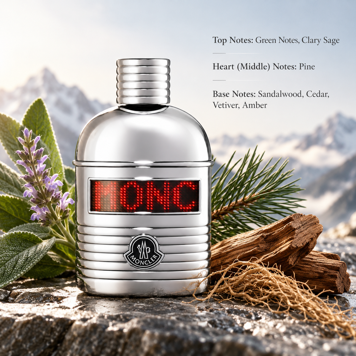 Moncler Pour Homme men's perfume in a metallic silver bottle with red LED display, surrounded by clary sage, fresh pine needles, sandalwood and vetiver roots. A luxurious woody aromatic fragrance with cedar and amber notes, presented against a breathtaking snowy alpine mountain landscape.