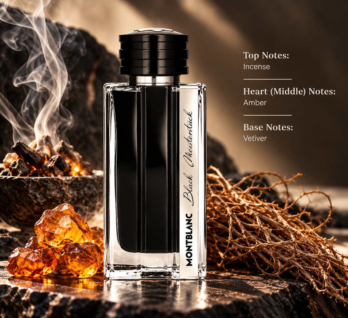 Montblanc Black Meisterstück men’s fragrance presented in a dark, refined setting with smoky incense, glowing amber resin and vetiver roots, highlighting its warm, smoky, ambery and woody scent profile.