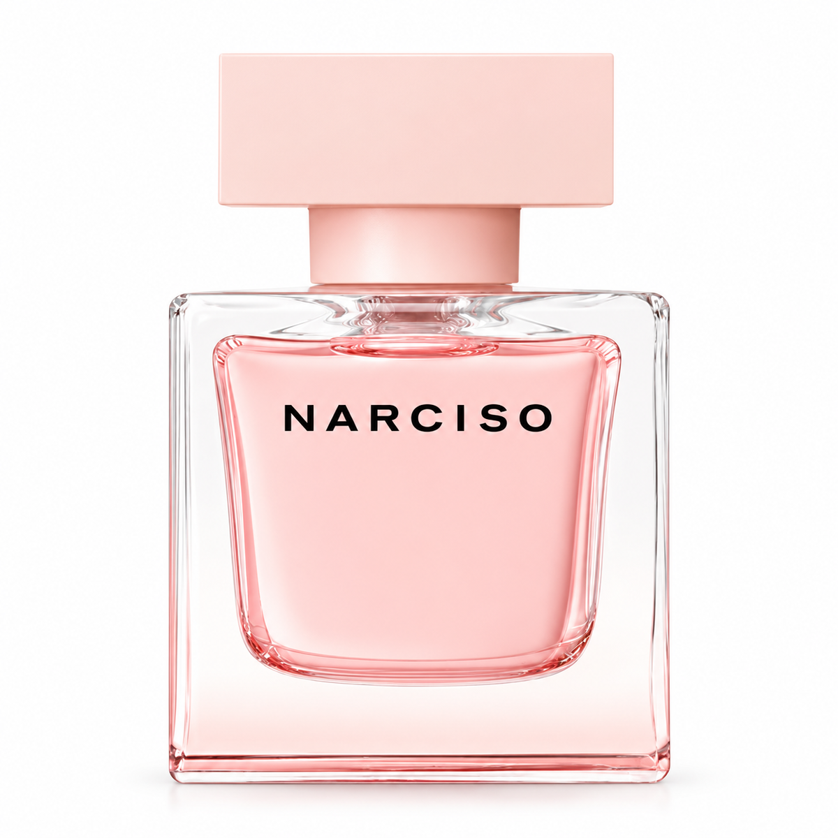 Narciso Rodriguez Narciso perfume for women in an elegant square transparent glass bottle with a soft blush pink interior, matching pastel pink rectangular cap and bold black Narciso lettering, photographed against a clean white background.