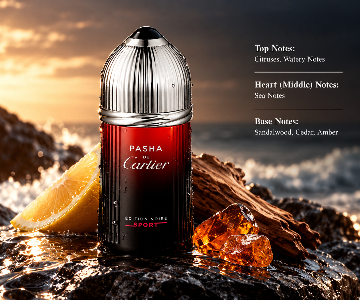 Cartier Pasha de Cartier Edition Noire Sport perfume bottle in a dramatic seaside setting with citrus, wet rocks, cedarwood and amber elements, reflecting its fresh aquatic, woody and ambery fragrance profile.
