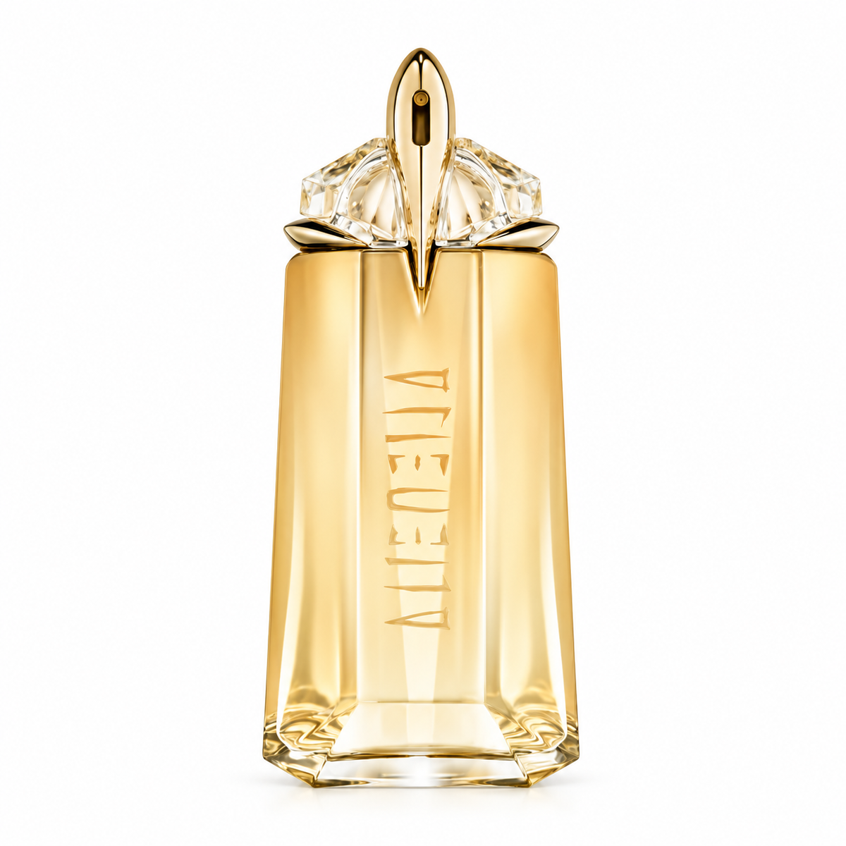 Mugler Alien Goddess Eau de Parfum for women in an elegant golden amber glass bottle, featuring a sculptural design, transparent crystal-like details and a distinctive gold spray nozzle, photographed against a clean white background.