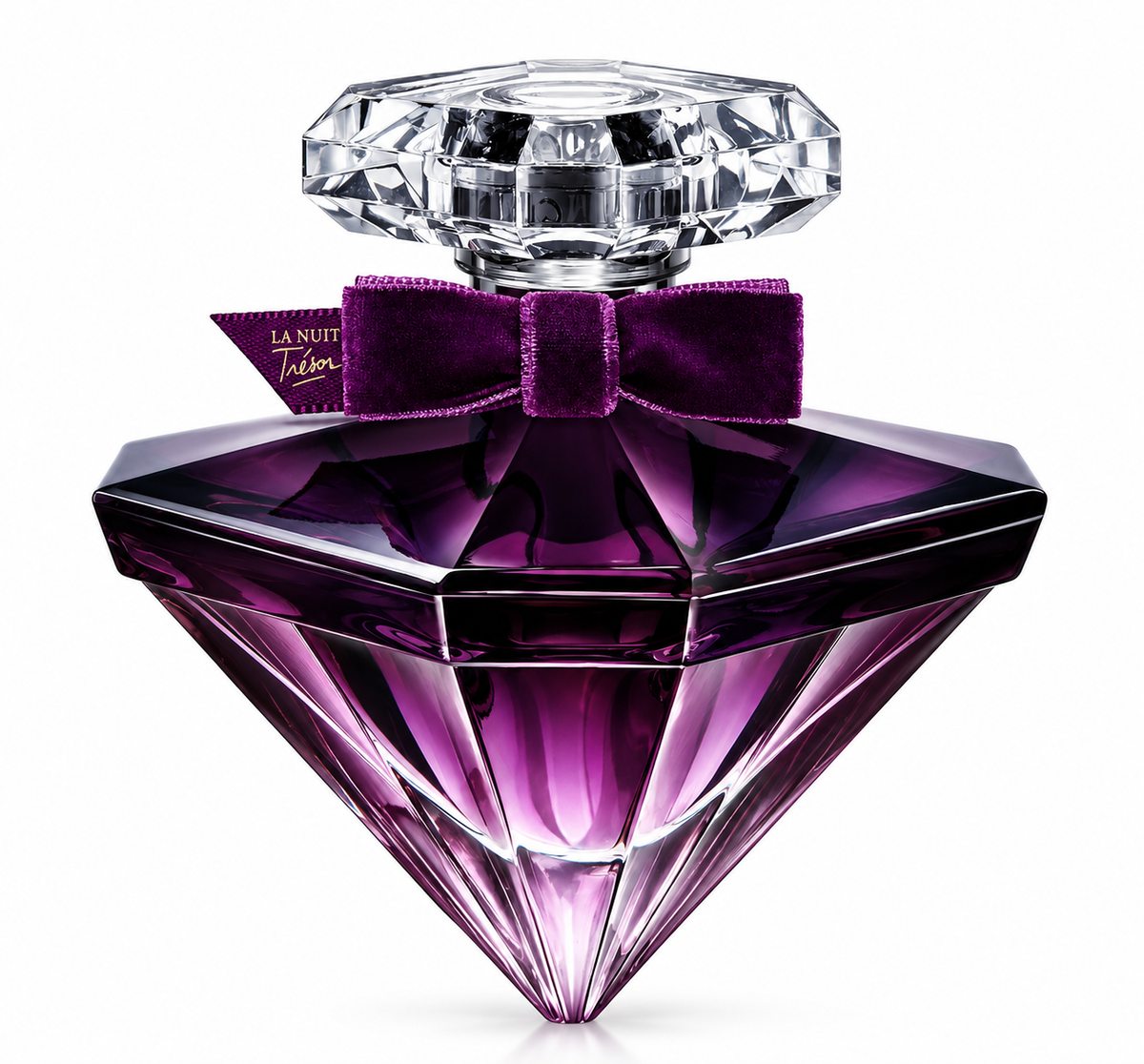 Lancôme La Nuit Trésor women's perfume in a luxurious deep purple, diamond-shaped glass bottle with a faceted crystal cap and elegant violet velvet bow. A sophisticated feminine fragrance with black currant, rose, cacao and patchouli notes, photographed against a pure white background.