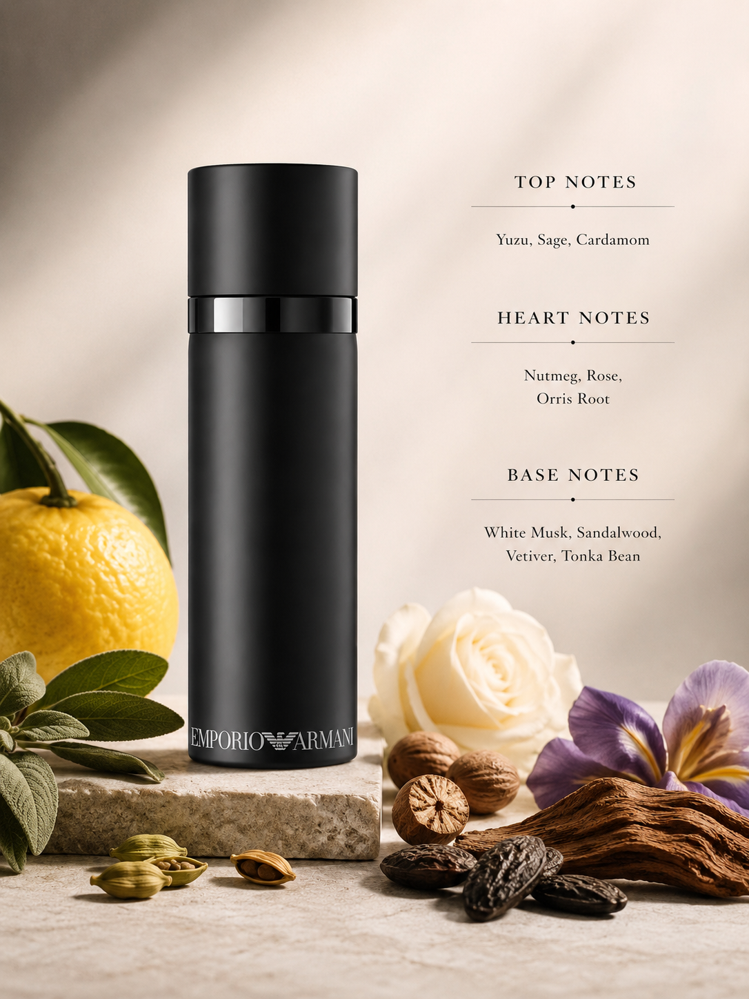 Emporio Armani He fragrance bottle displayed with yuzu, sage, cardamom, nutmeg, rose, orris root, white musk, sandalwood, vetiver, tonka bean, citrus, florals, and woody accents, with fragrance notes listed on the right.