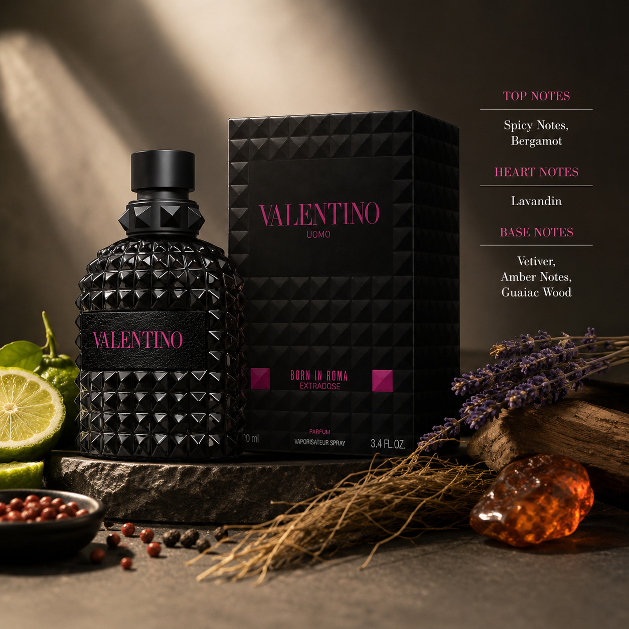 Valentino Uomo Born in Roma Extradose Parfum bottle and box displayed with bergamot, spicy notes, lavandin, vetiver, guaiac wood, amber accords, peppercorns, lavender, resin, and woody accents, with fragrance notes listed on the right.