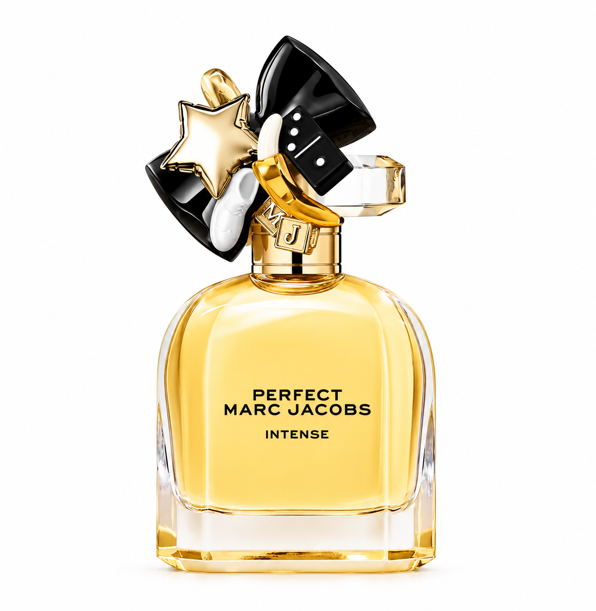 Marc Jacobs Perfect Intense Eau de Parfum for women in an elegant golden amber glass bottle, featuring a playful decorative cap with a gold star, black bow, white accents and MJ charms. A luxurious feminine floral woody fragrance photographed against a pure white background.