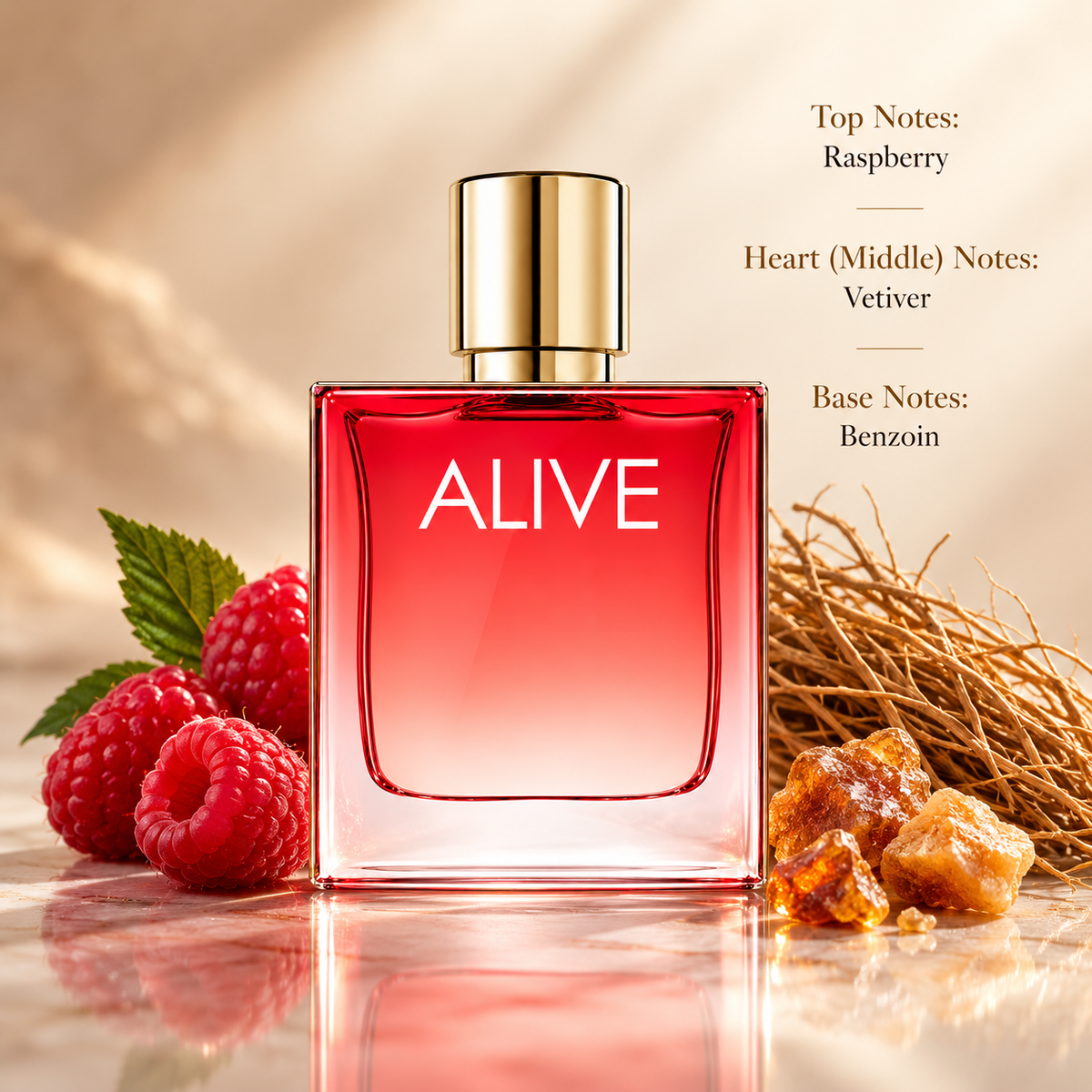 Hugo Boss Alive women's perfume in a vibrant red and pink glass bottle with a gold cap, surrounded by fresh raspberries, earthy vetiver roots and golden benzoin resin. A luxurious feminine fruity woody fragrance with notes of raspberry, vetiver and benzoin, presented against a warm beige background.