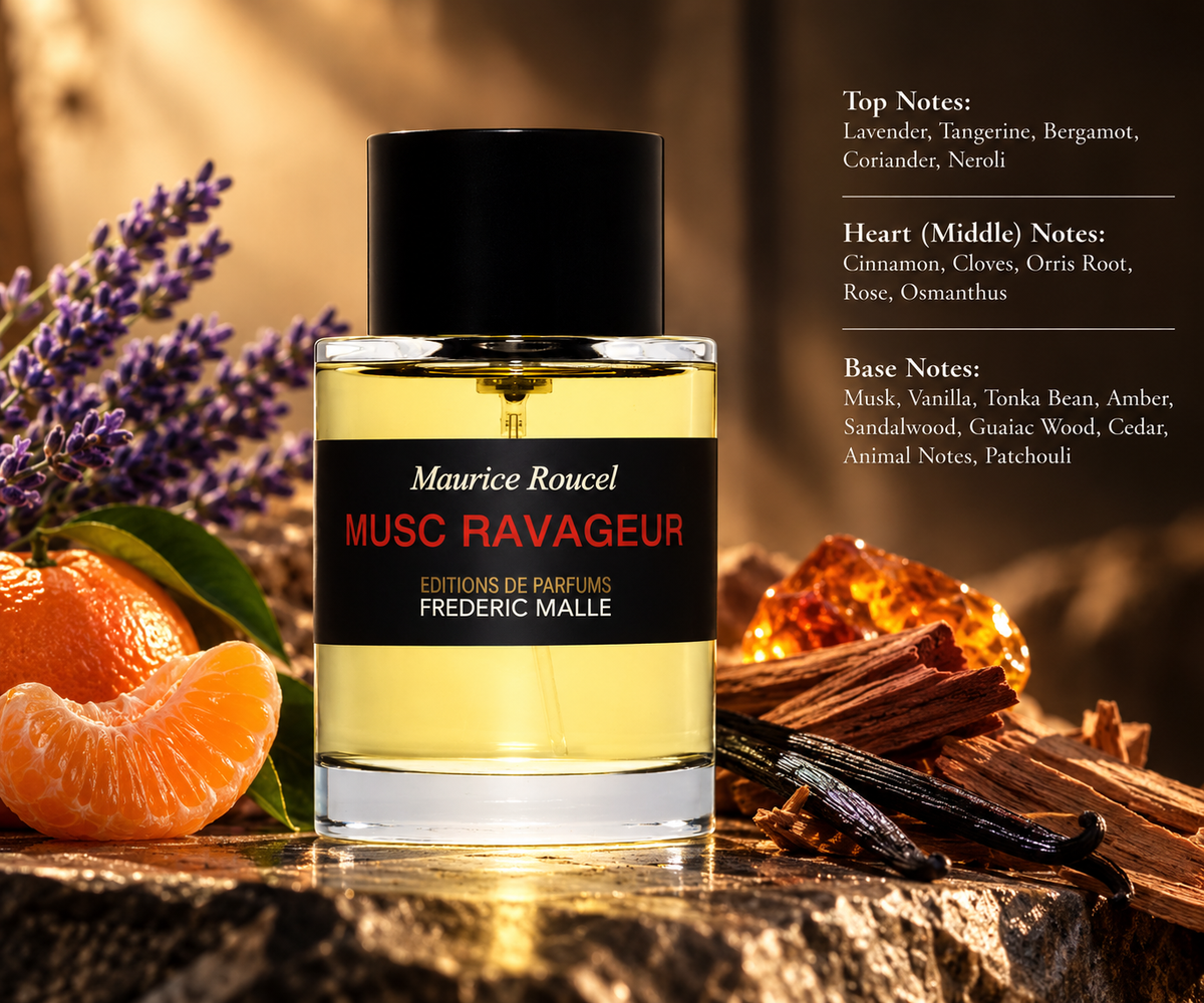 Frédéric Malle Musc Ravageur luxury unisex perfume by Maurice Roucel, presented in an elegant glass bottle with a black label, surrounded by lavender, fresh tangerines, cinnamon, vanilla and amber. A warm, spicy and sensual fragrance with rich musk and woody notes.