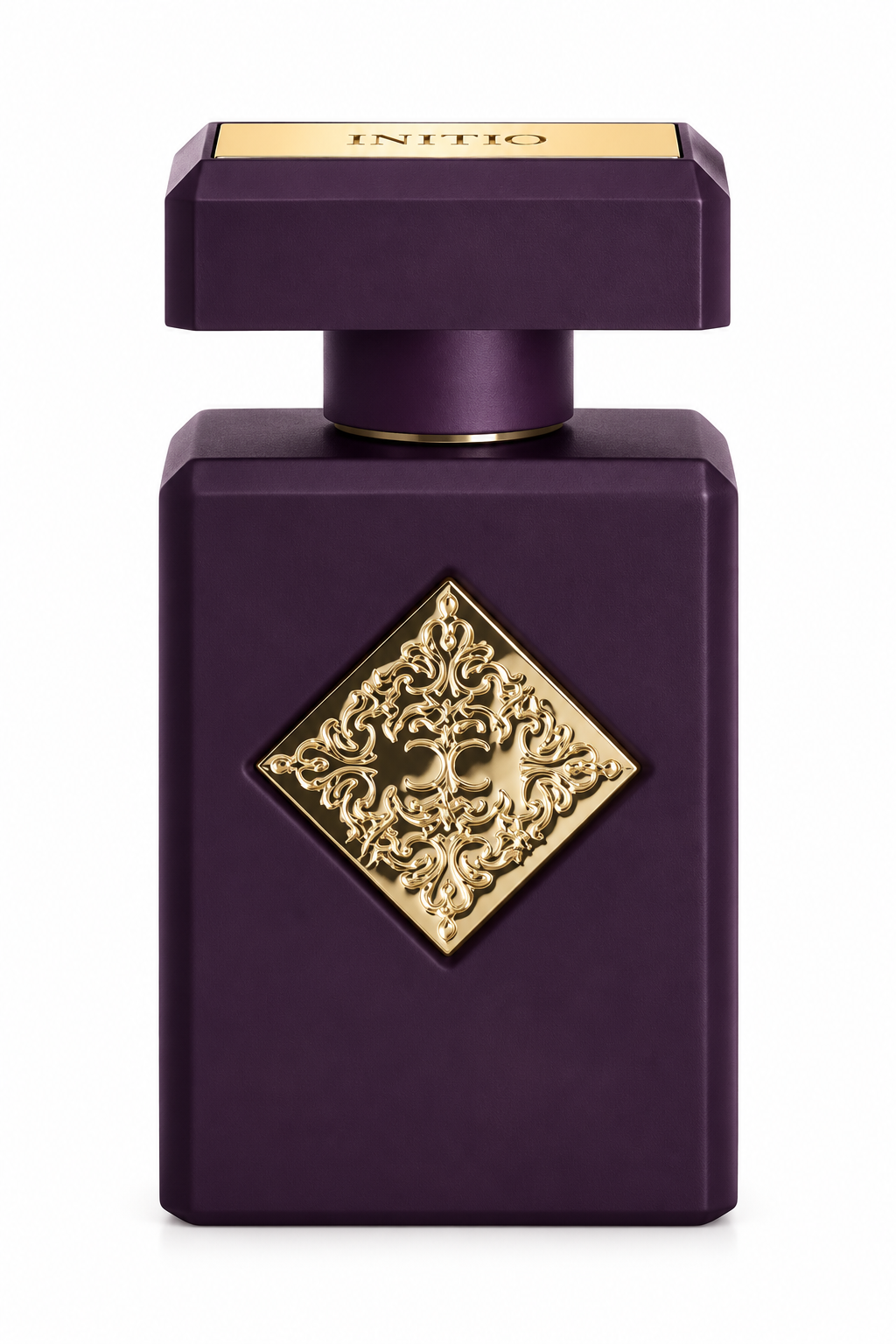 Luxury perfume in a sophisticated deep purple rectangular bottle with a matching cap, elegant gold nameplate and ornate gold diamond-shaped emblem, photographed front-facing against a clean white background with refined detailing.