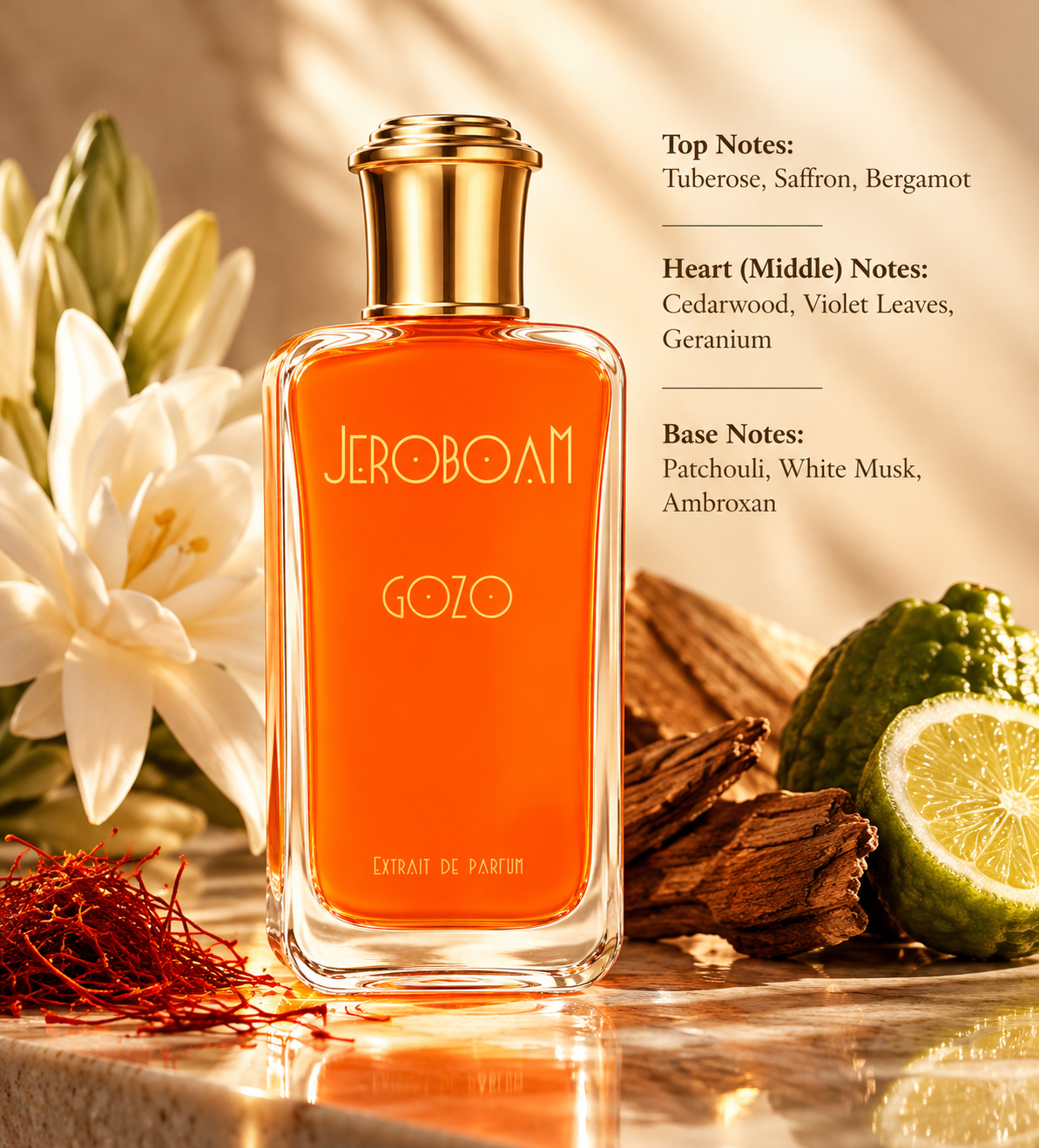 Jeroboam Gozo Extrait de Parfum in a vibrant orange glass bottle with a gold cap, displayed on warm marble beside white tuberose flowers, saffron, bergamot and cedarwood. A luxurious niche fragrance featuring tuberose, violet leaves, geranium, patchouli, white musk and ambroxan.