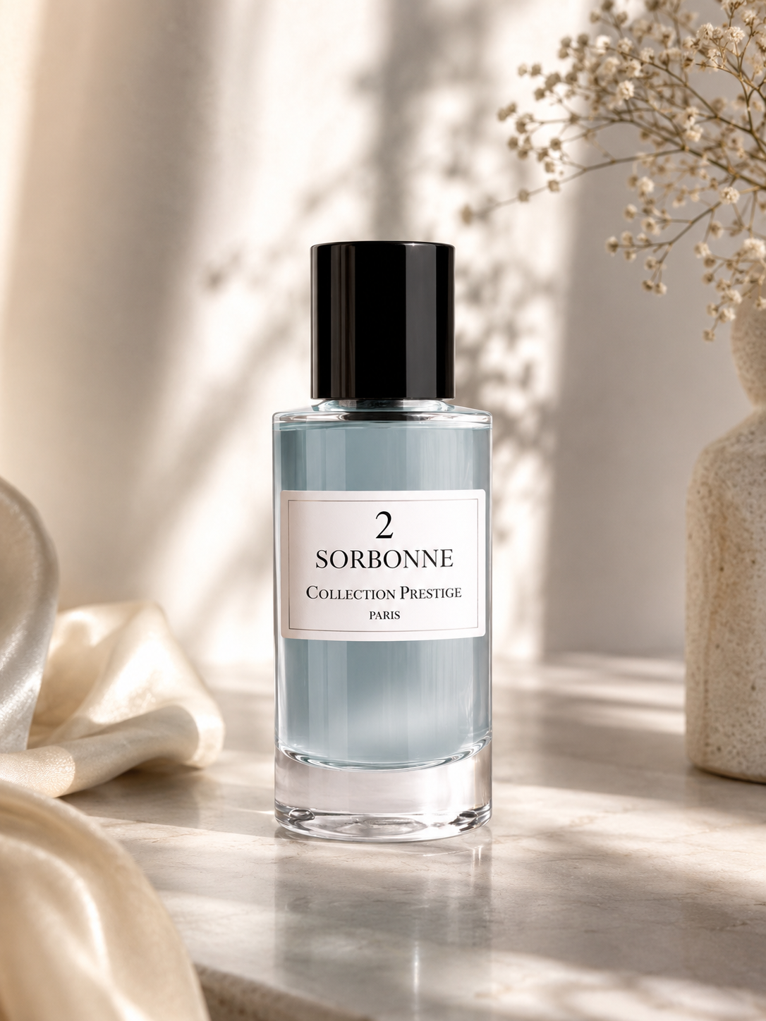 Collection Prestige Sorbonne No. 2 perfume bottle styled with soft natural light and white flowers