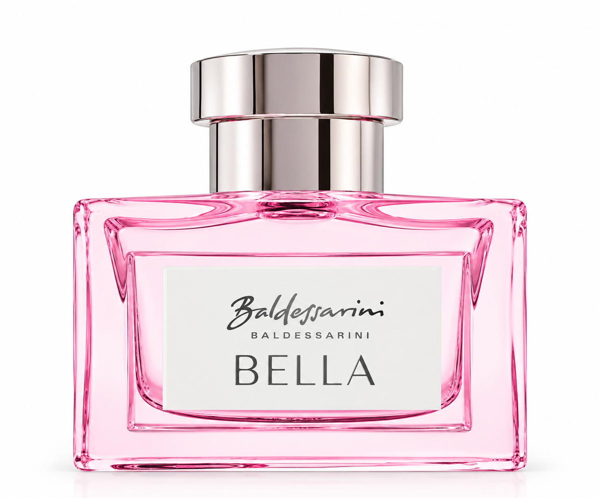 Baldessarini Bella perfume bottle in elegant transparent pink glass with a polished silver cap and minimalist white label, photographed on a clean white background to showcase the feminine fragrance bottle and refined design.