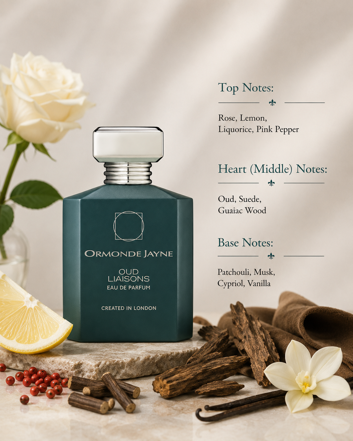 Ormonde Jayne Oud Liaisons Eau de Parfum showcased in an elegant luxury fragrance composition featuring rose, lemon, liquorice, pink pepper, oud, suede, guaiac wood, patchouli, musk, cypriol, and vanilla-inspired elements. The sophisticated matte deep teal bottle is presented in a refined setting that highlights its floral, citrus, woody oud, leathery, and warm vanilla character.