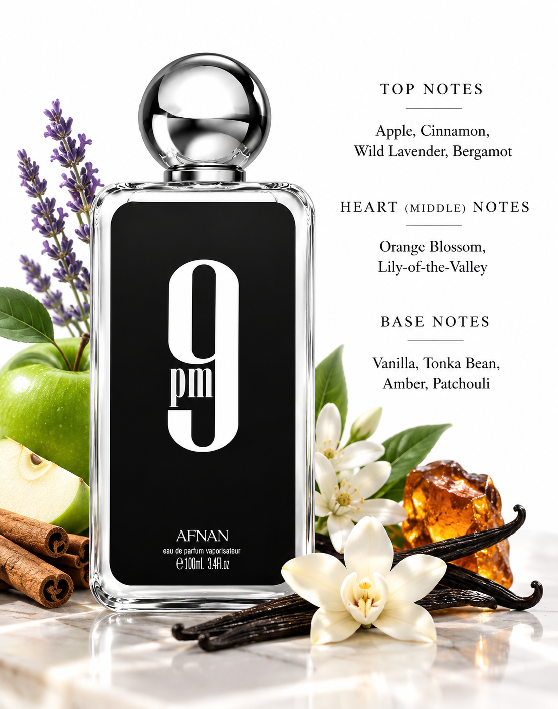 Afnan 9PM presented in an elegant gourmand-aromatic setting with green apple, cinnamon, lavender, white florals, vanilla and amber accents, visually highlighting its warm, sweet and sophisticated fragrance profile alongside the Top, Heart and Base Notes.