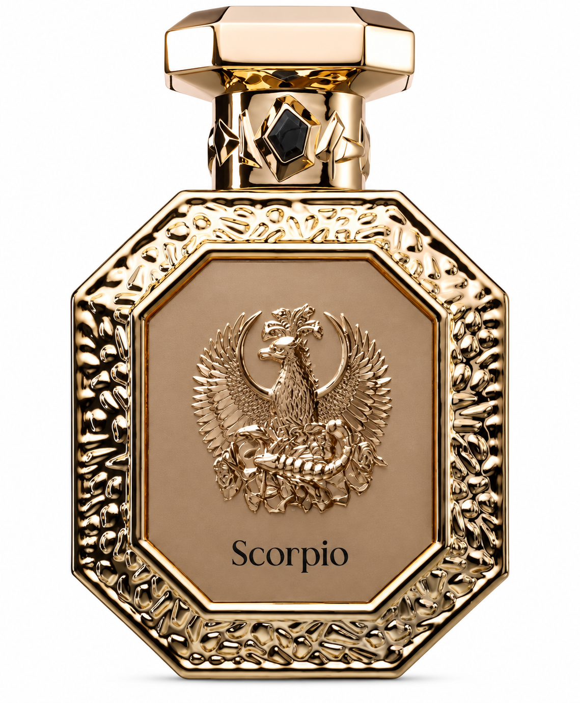 French Avenue Scorpio perfume in an ornate gold octagonal bottle with an embossed scorpion and phoenix-inspired medallion, black jewel detail and luxurious metallic finish on a white background.