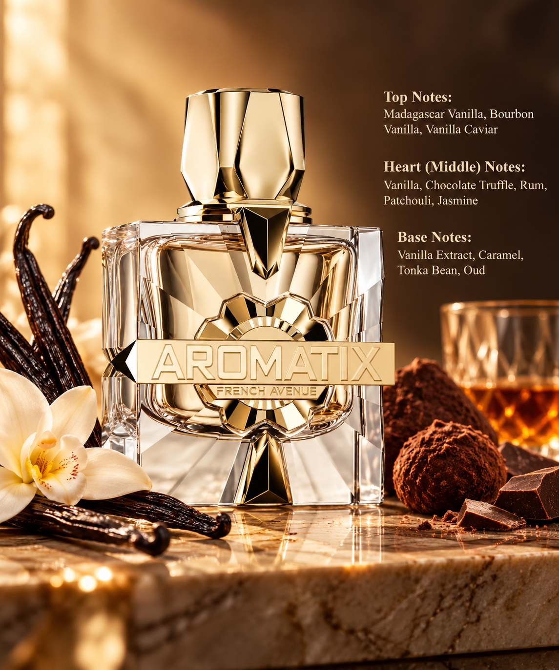 French Avenue Aromatix perfume displayed in a luxurious warm golden setting with Madagascar vanilla pods, delicate vanilla flowers, chocolate truffles and a glass of rum. Elegant gourmand fragrance highlighting rich vanilla, chocolate, caramel, tonka bean and warm oud notes.