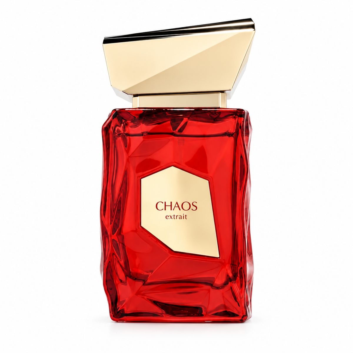 Chaos Extrait luxury perfume featuring a vibrant ruby-red glass bottle with sculpted geometric details, an elegant asymmetrical gold cap and a gold front label. Premium cherry-inspired fragrance presented against a pure white background.