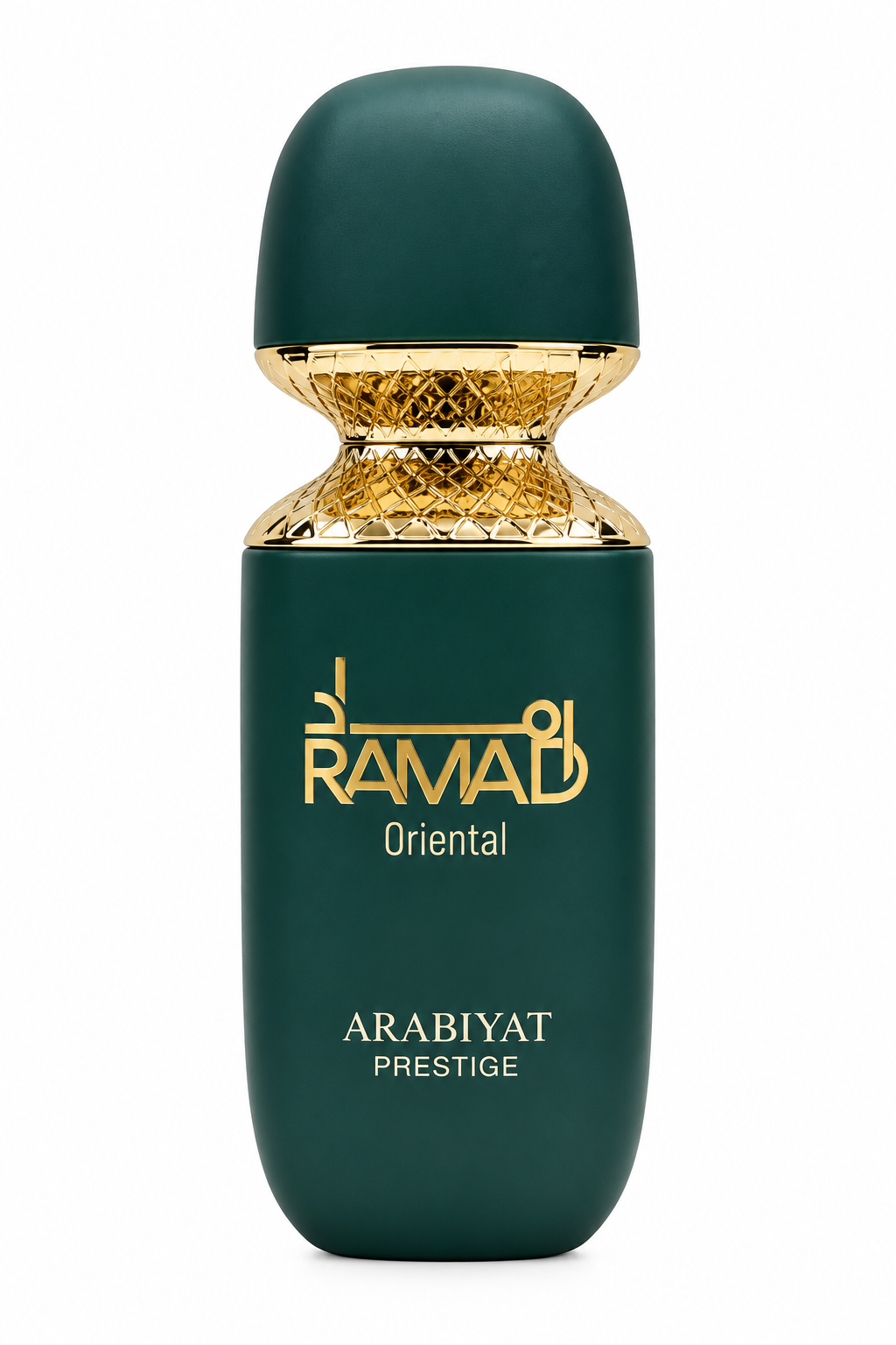 Arabiyat Prestige Ramad Oriental 100ml Eau de Parfum in a sophisticated deep green matte bottle with luxurious gold lattice detailing, metallic gold branding and a rounded matching cap, presented on a clean white background.