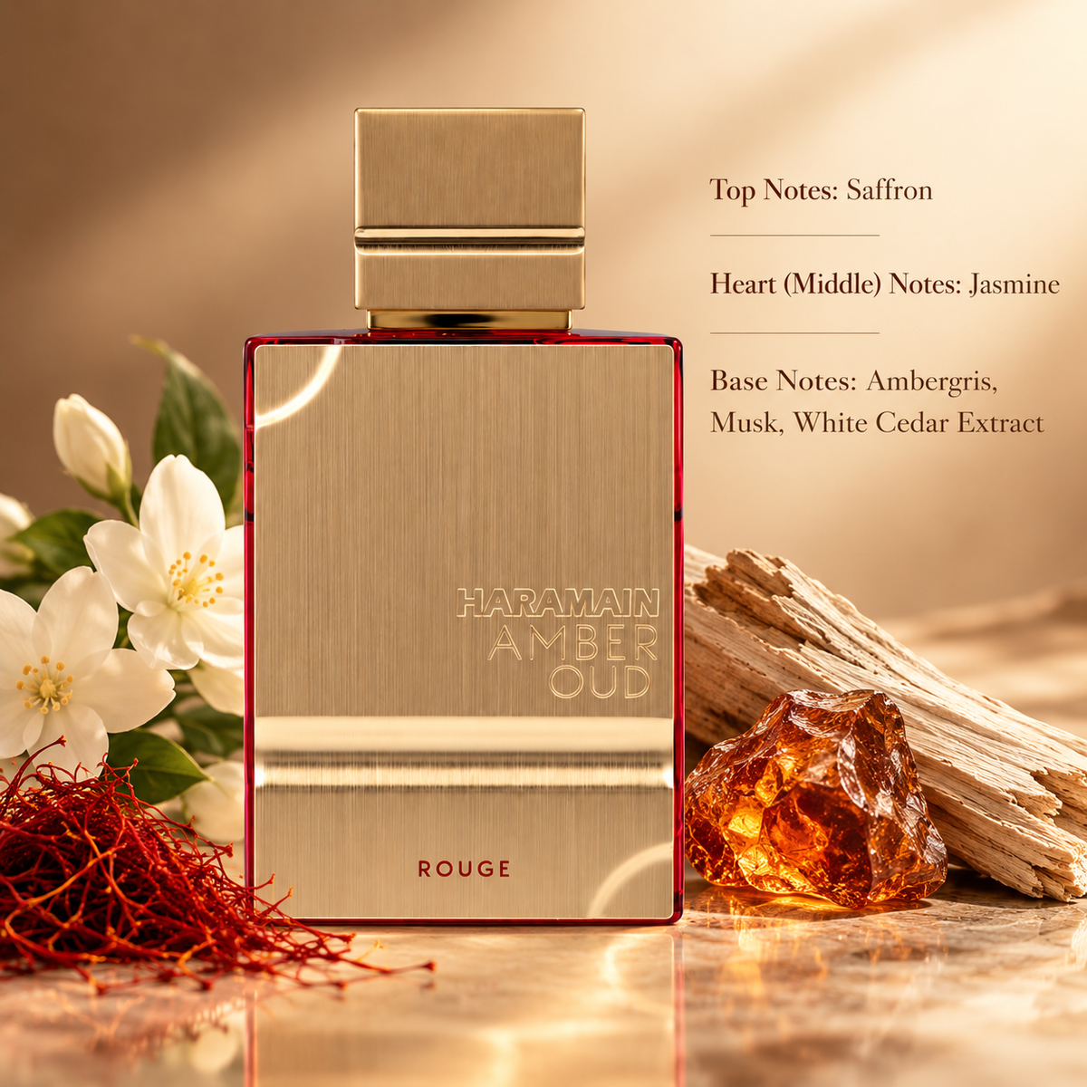 Al Haramain Amber Oud Rouge luxury perfume displayed in a gold and red bottle against a warm amber background, surrounded by saffron, white jasmine flowers, amber resin and cedarwood. Elegant fragrance composition featuring saffron top notes, jasmine heart notes and an ambergris, musk and white cedar base.