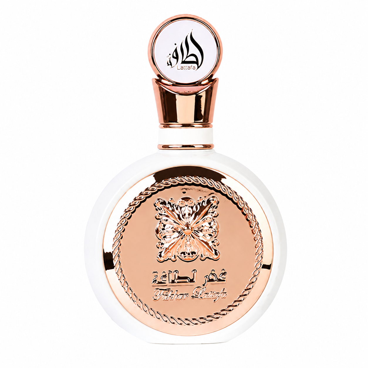 Lattafa Fakhar Rose Eau de Parfum in an elegant white bottle with a luxurious rose gold metallic front, ornate embossed detailing, and a refined round silhouette, presented on a clean white background. Premium feminine fragrance showcased in a high-resolution studio product image.