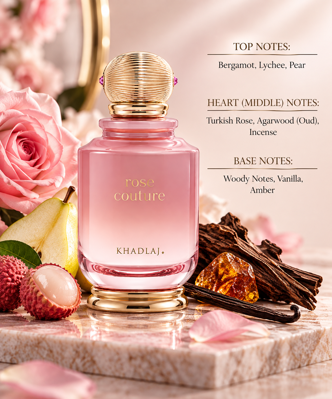 Khadlaj Rose Couture styled in an elegant romantic setting with bergamot, lychee and pear, surrounded by Turkish rose, rich agarwood and incense, with warm woody notes, vanilla and amber reflecting its sophisticated floral-woody character.