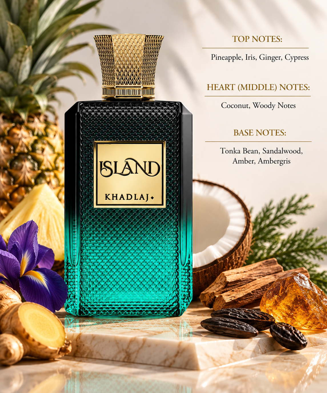 Khadlaj Island styled with pineapple, iris, ginger, coconut, warm woods, tonka bean, sandalwood and amber-inspired elements, creating a refined visual expression of its fresh tropical opening, creamy woody heart and warm, sensual amber-tonka finish.