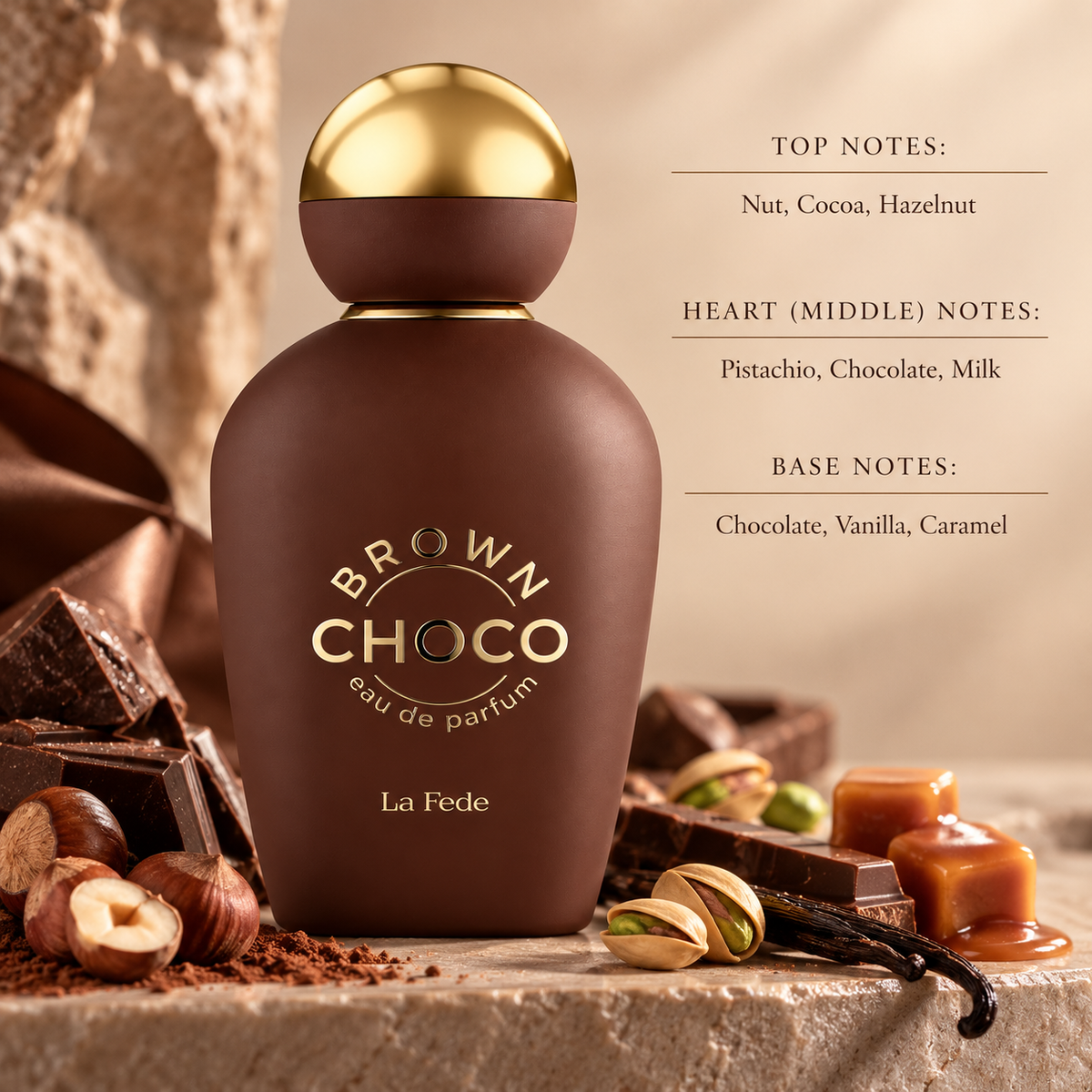 La Fede Brown Choco styled in a warm gourmand setting with cocoa, hazelnut and nutty accords, layered with pistachio, creamy milk and chocolate, while vanilla, caramel and rich chocolate create an indulgent, sweet and comforting finish.