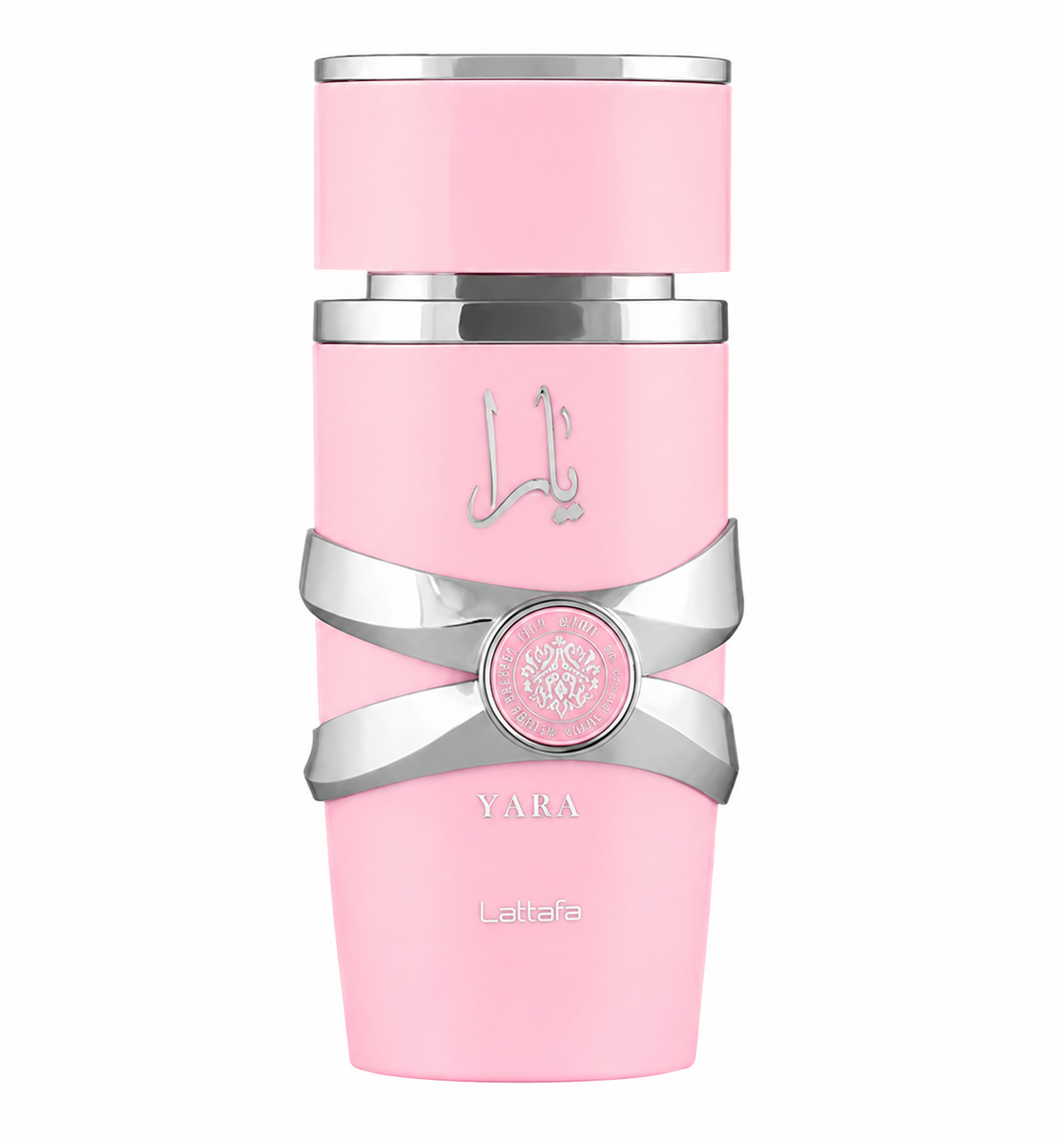 Lattafa Yara Eau de Parfum in an elegant soft pink bottle with polished silver accents, signature crossed metallic bands, and an ornate central medallion, presented on a clean white background. Premium feminine fragrance showcased in a high-resolution studio product image.