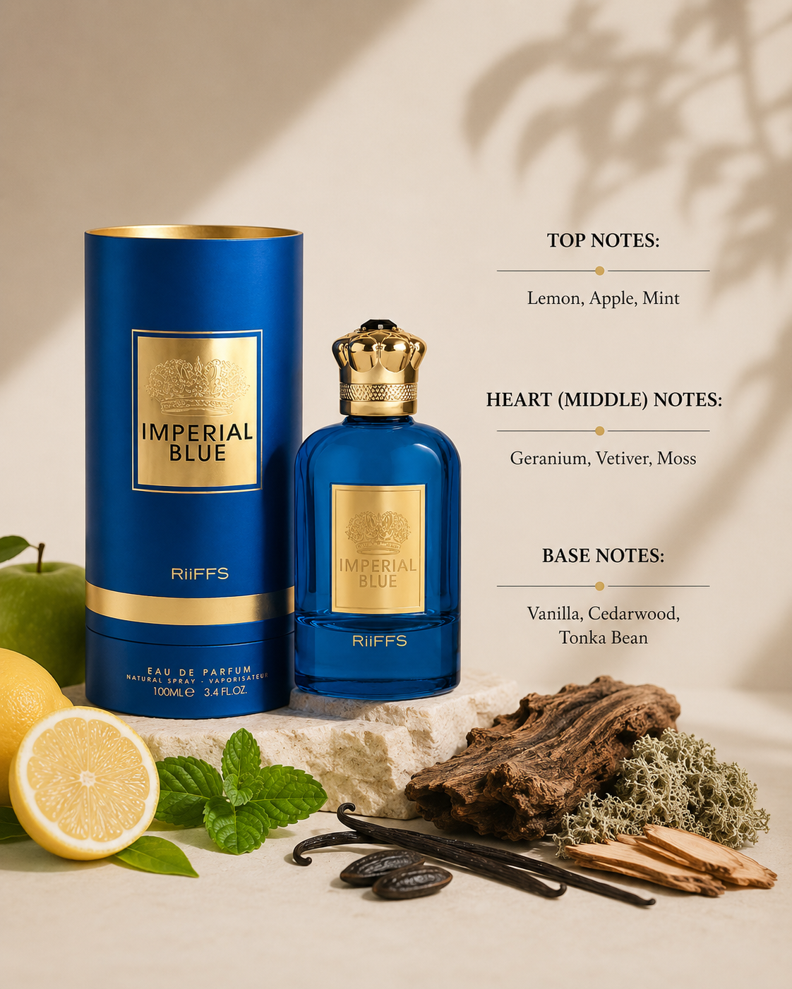 Riiffs Imperial Blue Eau de Parfum bottle and box displayed with lemon, apple, mint, geranium, vetiver, moss, vanilla, cedarwood, tonka bean, driftwood, and citrus accents, with fragrance notes listed on the right.