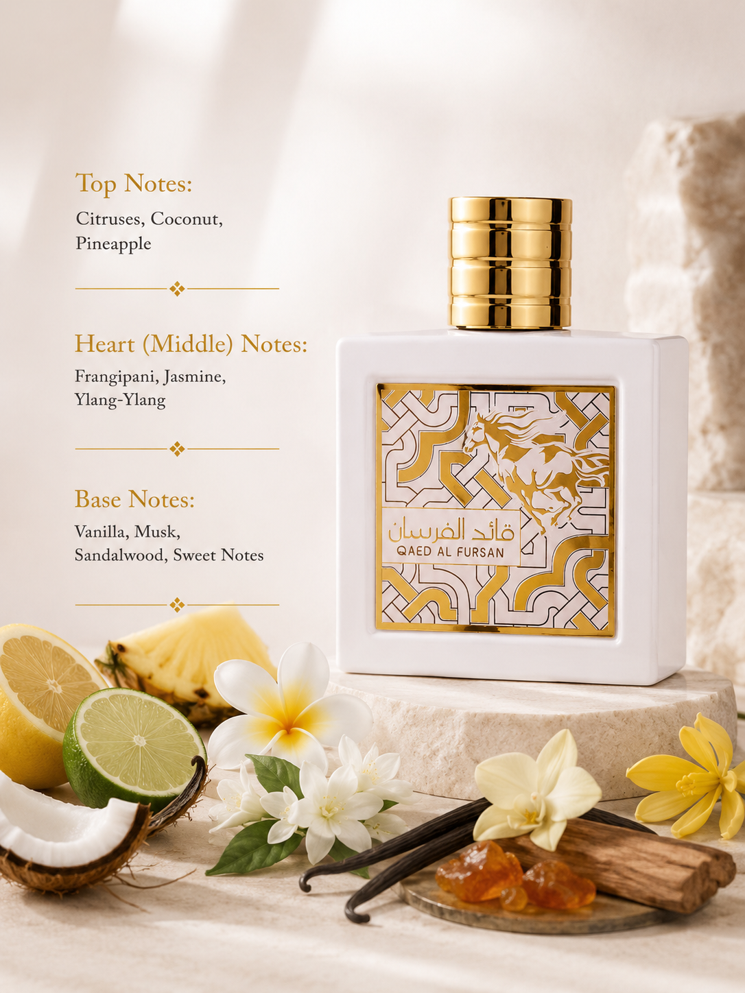 Lattafa Qaed Al Fursan Eau de Parfum showcased in an elegant luxury fragrance composition featuring citrus fruits, coconut, pineapple, frangipani, jasmine, ylang-ylang, vanilla, musk, sandalwood, and sweet note-inspired elements. The sophisticated matte white bottle with a luxurious gold cap and horse motif is presented in a refined setting that highlights its tropical, floral, creamy, and warm woody character.