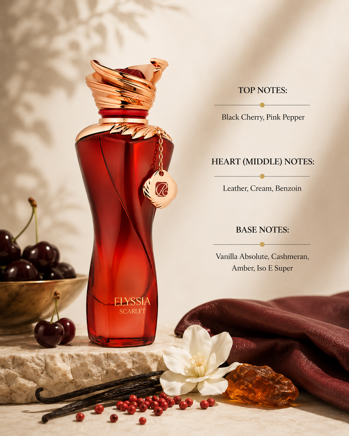 Riiffs Elyssia Scarlet Eau de Parfum arranged with cherries, pink pepper, vanilla, leather and amber resin beside fragrance notes, reflecting its rich fruity and amber fragrance.